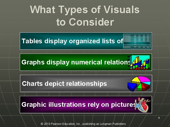 What Types of Visuals to Consider Tables display organized lists of data Graphs display