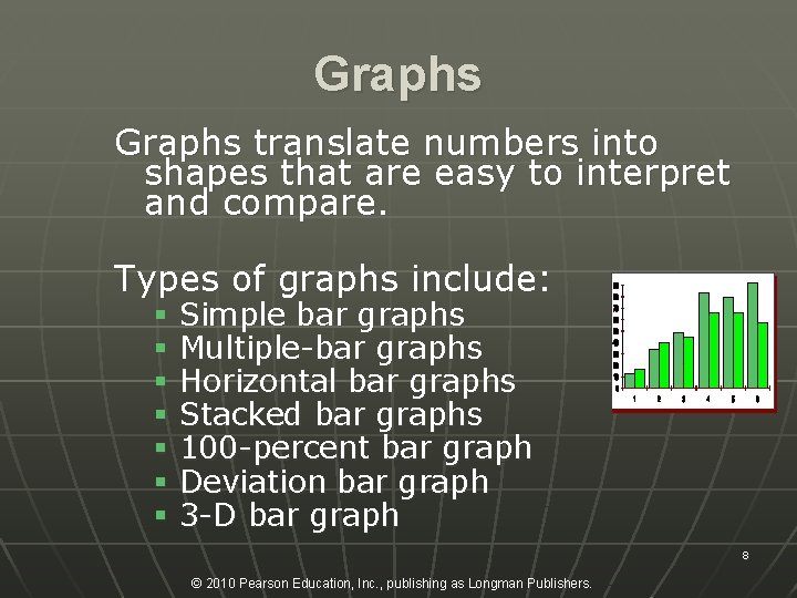Graphs translate numbers into shapes that are easy to interpret and compare. Types of