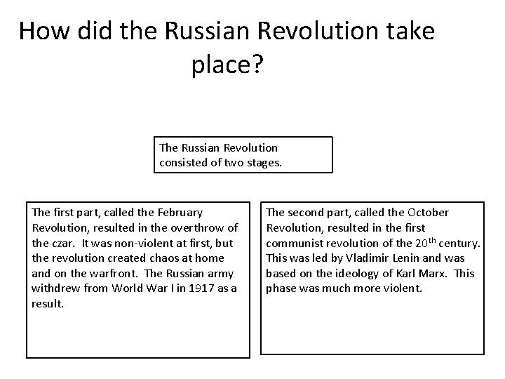 How did the Russian Revolution take place? The Russian Revolution consisted of two stages.