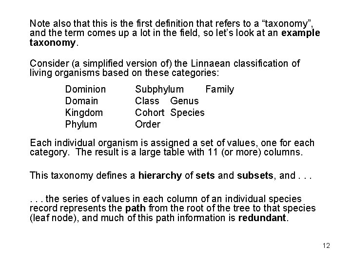 Note also that this is the first definition that refers to a “taxonomy”, and Note also that this is the first definition that refers to a “taxonomy”, and