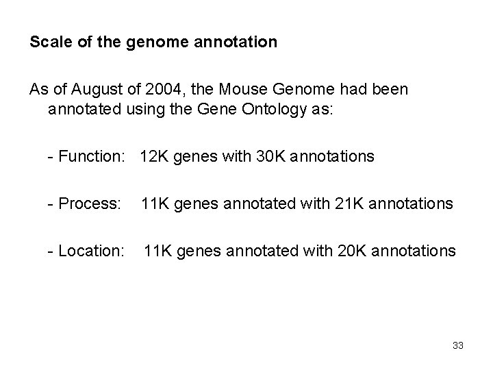 Scale of the genome annotation As of August of 2004, the Mouse Genome had Scale of the genome annotation As of August of 2004, the Mouse Genome had