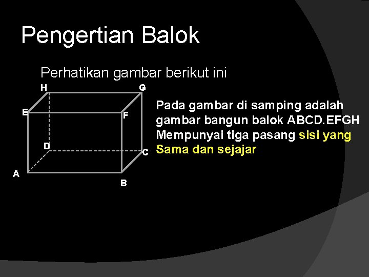 Pengertian Balok Perhatikan gambar berikut ini H E G F D A C B