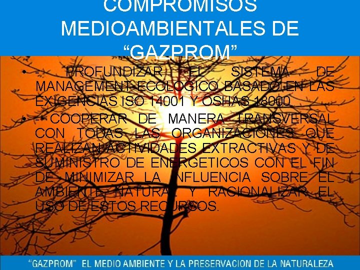 COMPROMISOS MEDIOAMBIENTALES DE “GAZPROM” • PROFUNDIZAR EL SISTEMA DE MANAGEMENT ECOLOGICO BASADO EN LAS
