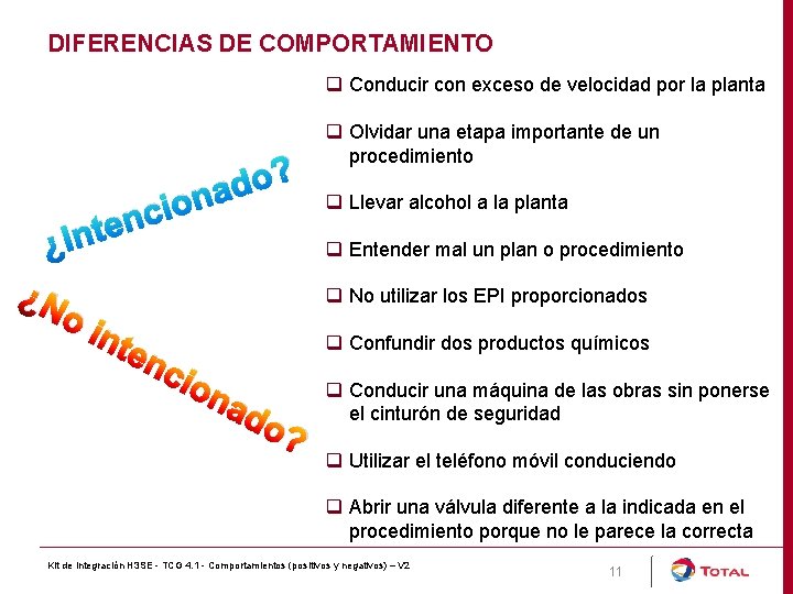 DIFERENCIAS DE COMPORTAMIENTO q Conducir con exceso de velocidad por la planta ? o