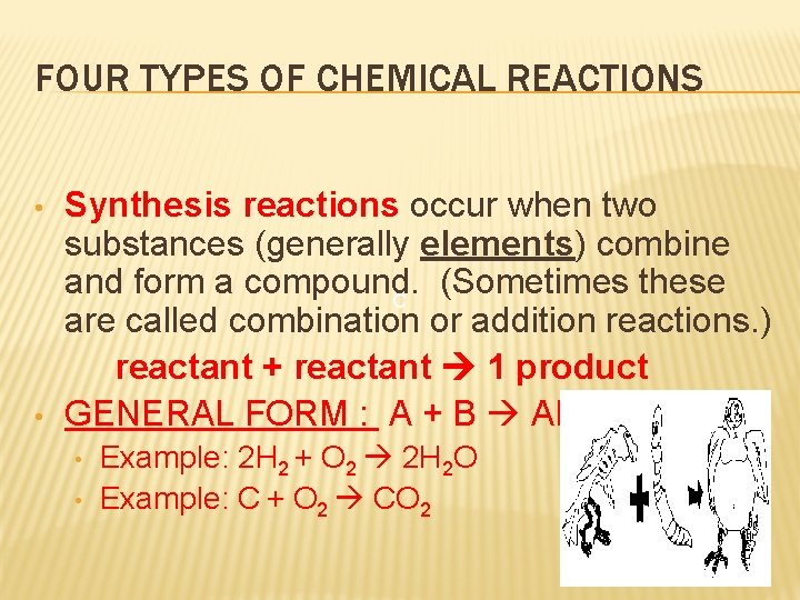 FOUR TYPES OF CHEMICAL REACTIONS • • Synthesis reactions occur when two substances (generally
