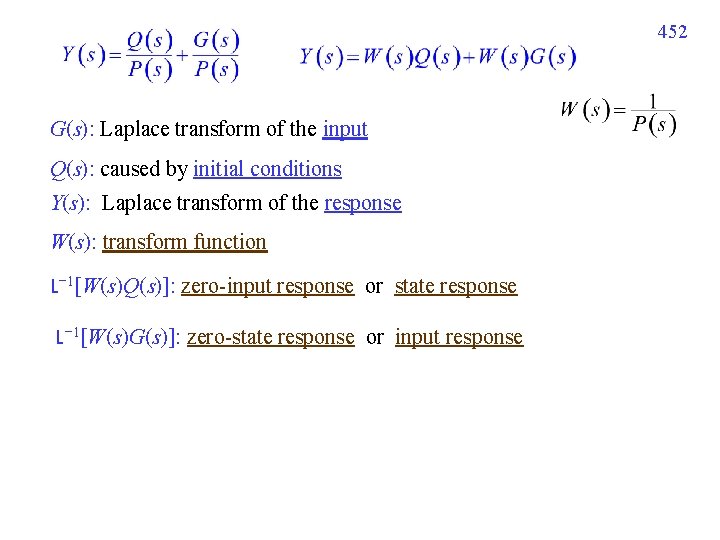 452 G(s): Laplace transform of the input Q(s): caused by initial conditions Y(s): Laplace