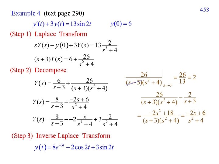 Example 4 (text page 290) (Step 1) Laplace Transform (Step 2) Decompose (Step 3)