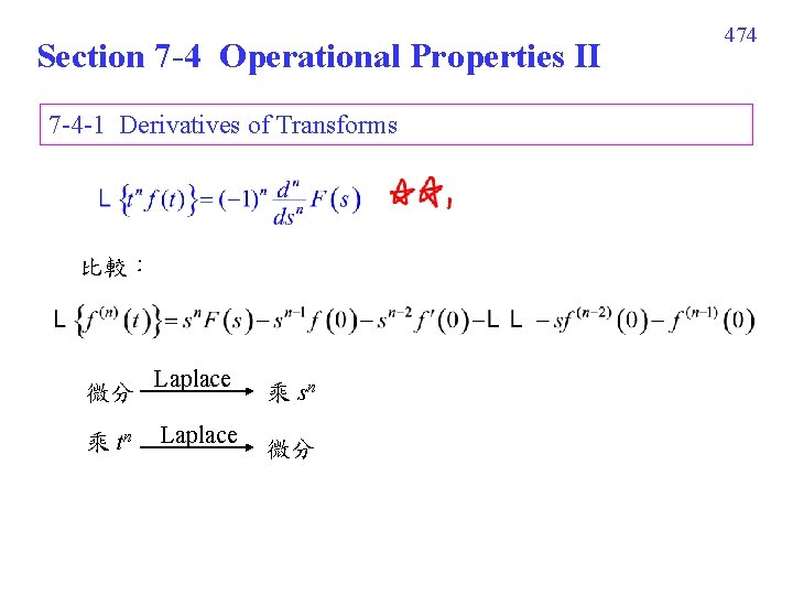 Section 7 -4 Operational Properties II 7 -4 -1 Derivatives of Transforms 比較： 微分