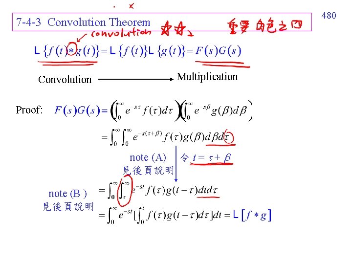 480 7 -4 -3 Convolution Theorem Convolution Multiplication Proof: note (A) 令 t =