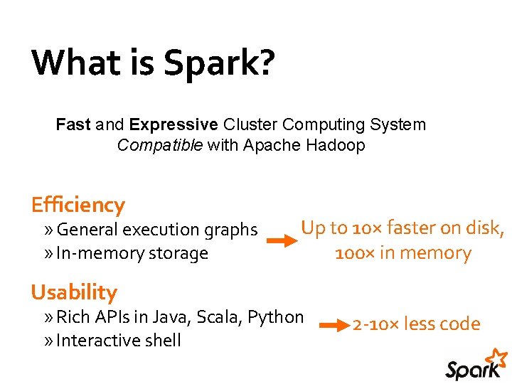 What is Spark? Fast and Expressive Cluster Computing System Compatible with Apache Hadoop Efficiency What is Spark? Fast and Expressive Cluster Computing System Compatible with Apache Hadoop Efficiency