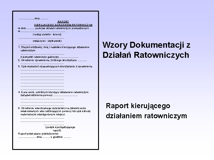 . . . . . , dnia. . . RAPORT KIERUJĄCEGO DZIAŁANIEM RATOWNICZYM w