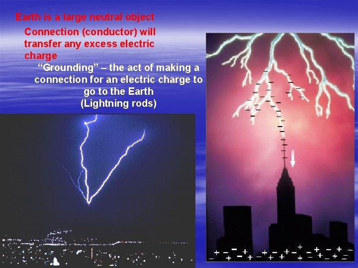 Earth is a large neutral object Connection (conductor) will transfer any excess electric charge