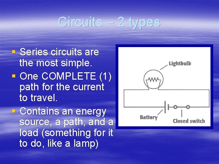 Circuits – 2 types § Series circuits are the most simple. § One COMPLETE