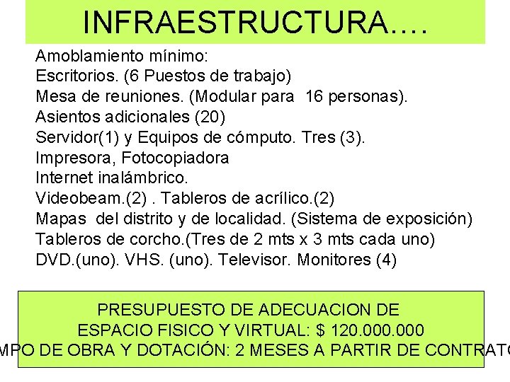 INFRAESTRUCTURA…. Amoblamiento mínimo: Escritorios. (6 Puestos de trabajo) Mesa de reuniones. (Modular para 16 INFRAESTRUCTURA…. Amoblamiento mínimo: Escritorios. (6 Puestos de trabajo) Mesa de reuniones. (Modular para 16