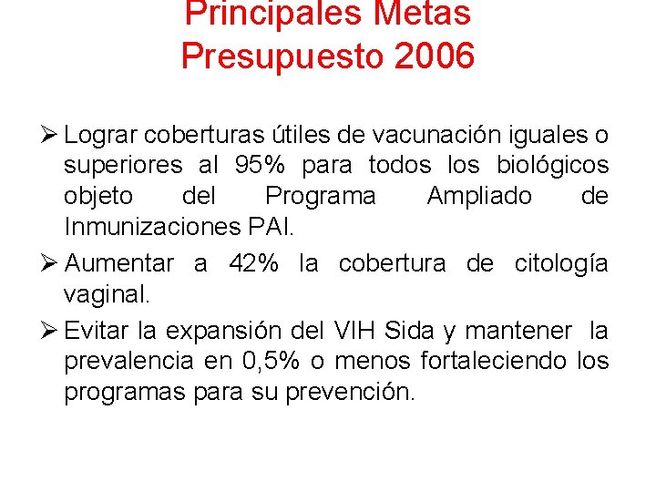 Principales Metas Presupuesto 2006 Ø Lograr coberturas útiles de vacunación iguales o superiores al Principales Metas Presupuesto 2006 Ø Lograr coberturas útiles de vacunación iguales o superiores al