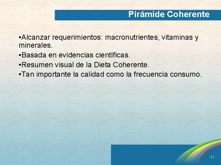 Pirámide Coherente • Alcanzar requerimientos: macronutrientes, vitaminas y minerales. • Basada en evidencias científicas.