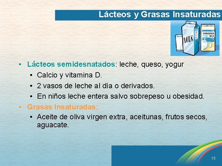 Lácteos y Grasas Insaturadas • Lácteos semidesnatados: leche, queso, yogur • Calcio y vitamina