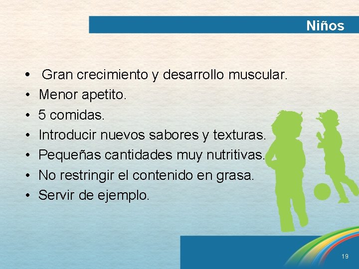 Niños • • Gran crecimiento y desarrollo muscular. Menor apetito. 5 comidas. Introducir nuevos