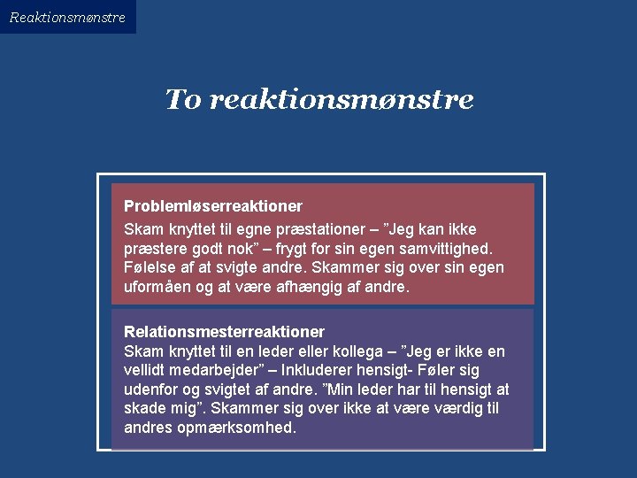 Reaktionsmønstre To reaktionsmønstre Problemløserreaktioner Skam knyttet til egne præstationer – ”Jeg kan ikke præstere