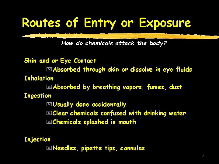 Routes of Entry or Exposure How do chemicals attack the body? Skin and or Routes of Entry or Exposure How do chemicals attack the body? Skin and or