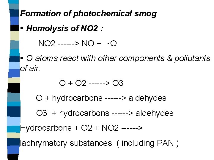 Formation of photochemical smog § Homolysis of NO 2 : NO 2 ------> NO Formation of photochemical smog § Homolysis of NO 2 : NO 2 ------> NO