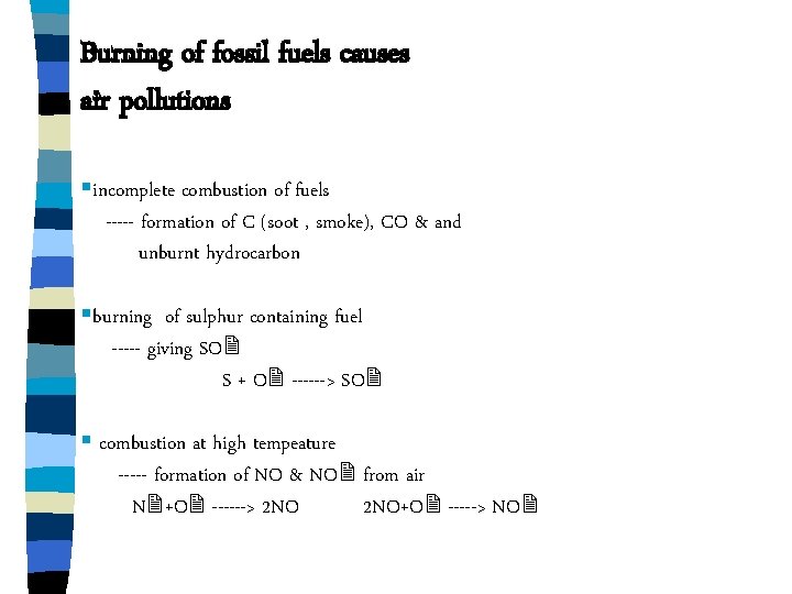 Burning of fossil fuels causes air pollutions §incomplete combustion of fuels ----- formation of Burning of fossil fuels causes air pollutions §incomplete combustion of fuels ----- formation of
