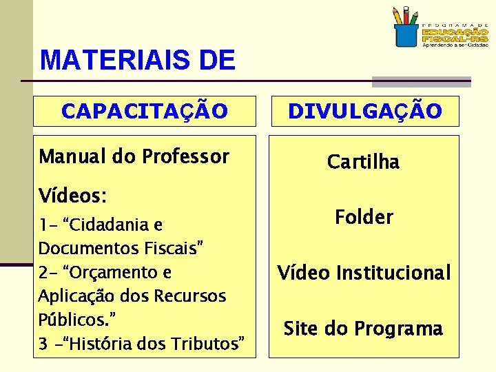 MATERIAIS DE CAPACITAÇÃO Manual do Professor Vídeos: 1 - “Cidadania e Documentos Fiscais” 2