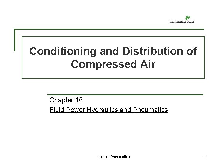 Conditioning and Distribution of Compressed Air Chapter 16 Fluid Power Hydraulics and Pneumatics Kroger
