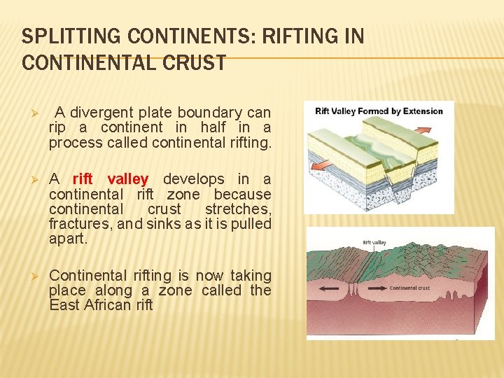 SPLITTING CONTINENTS: RIFTING IN CONTINENTAL CRUST Ø A divergent plate boundary can rip a