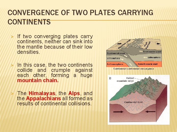 CONVERGENCE OF TWO PLATES CARRYING CONTINENTS Ø If two converging plates carry continents, neither