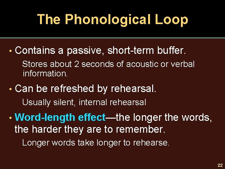 The Phonological Loop • Contains a passive, short-term buffer. Stores about 2 seconds of