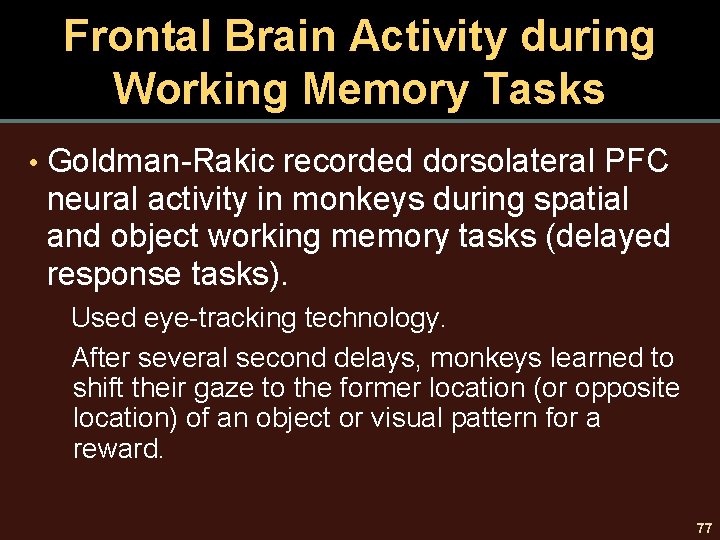 Frontal Brain Activity during Working Memory Tasks • Goldman-Rakic recorded dorsolateral PFC neural activity