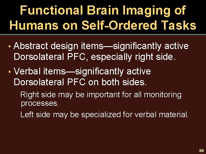 Functional Brain Imaging of Humans on Self-Ordered Tasks • Abstract design items—significantly active Dorsolateral