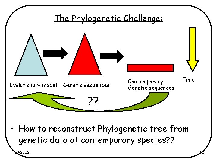 The Phylogenetic Challenge: Evolutionary model Genetic sequences Contemporary Genetic sequences Time ? ? •