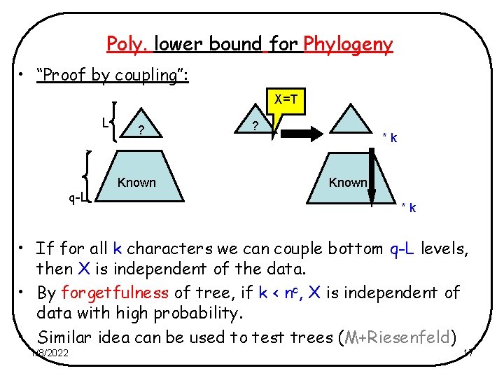 Poly. lower bound for Phylogeny • “Proof by coupling”: X=T L q-L ? Known