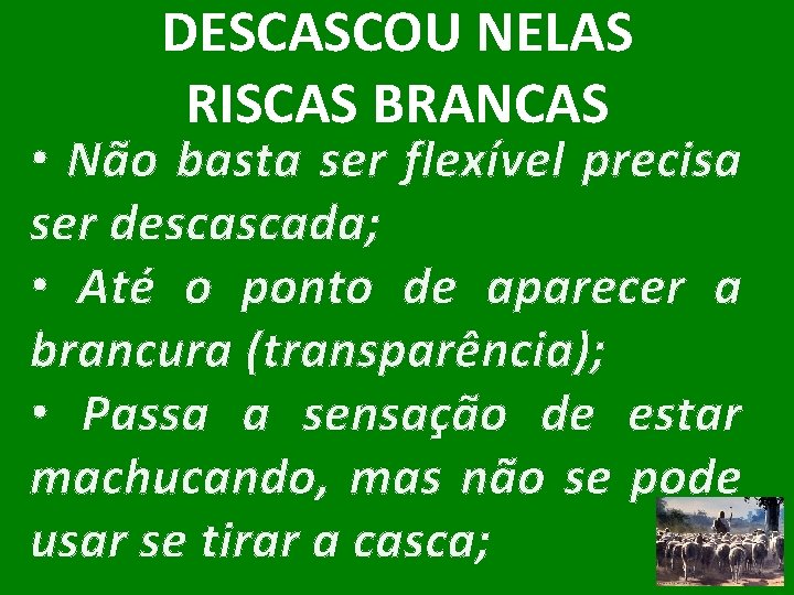 DESCASCOU NELAS RISCAS BRANCAS • Não basta ser flexível precisa ser descascada; • Até