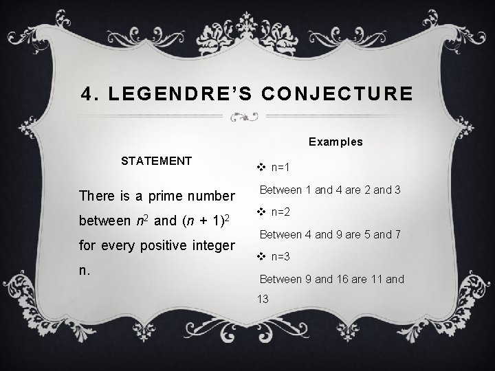 4. LEGENDRE’S CONJECTURE Examples STATEMENT There is a prime number between n 2 and