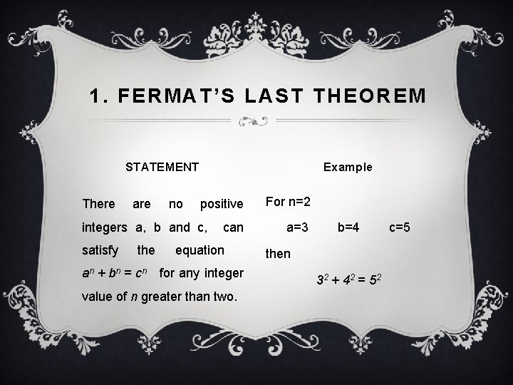1. FERMAT’S LAST THEOREM Example STATEMENT There are no positive integers a, b and