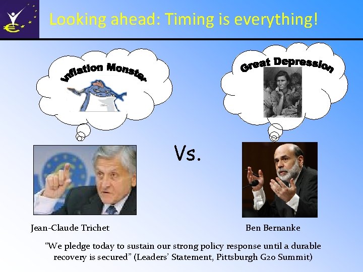 Looking ahead: Timing is everything! Vs. Jean-Claude Trichet Ben Bernanke “We pledge today to