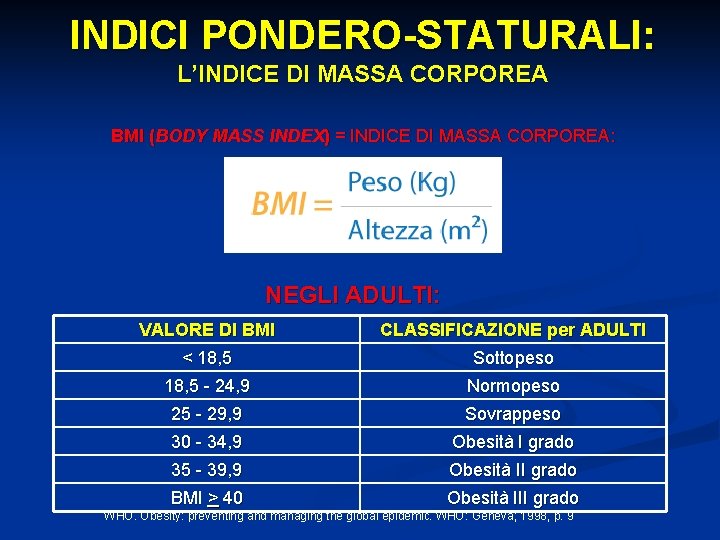 INDICI PONDERO-STATURALI: L’INDICE DI MASSA CORPOREA BMI (BODY MASS INDEX) = INDICE DI MASSA