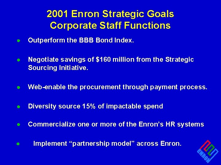 2001 Enron Strategic Goals Corporate Staff Functions · Outperform the BBB Bond Index. ·