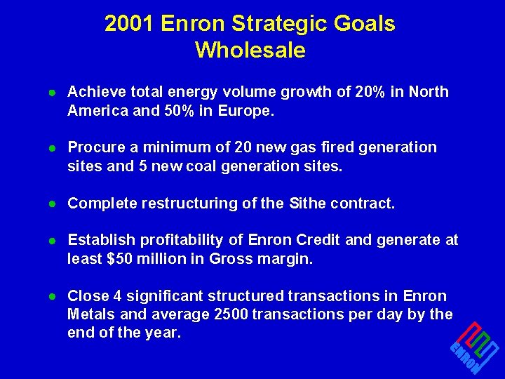 2001 Enron Strategic Goals Wholesale · Achieve total energy volume growth of 20% in