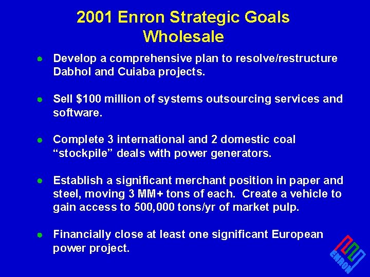 2001 Enron Strategic Goals Wholesale · Develop a comprehensive plan to resolve/restructure Dabhol and