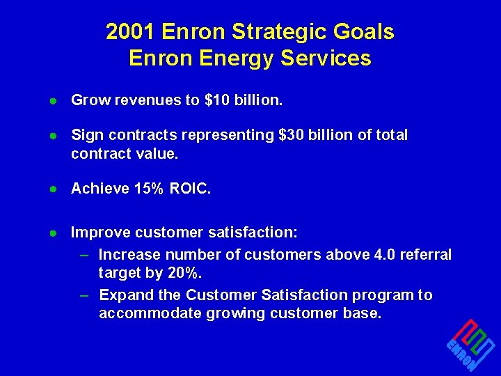 2001 Enron Strategic Goals Enron Energy Services · Grow revenues to $10 billion. ·