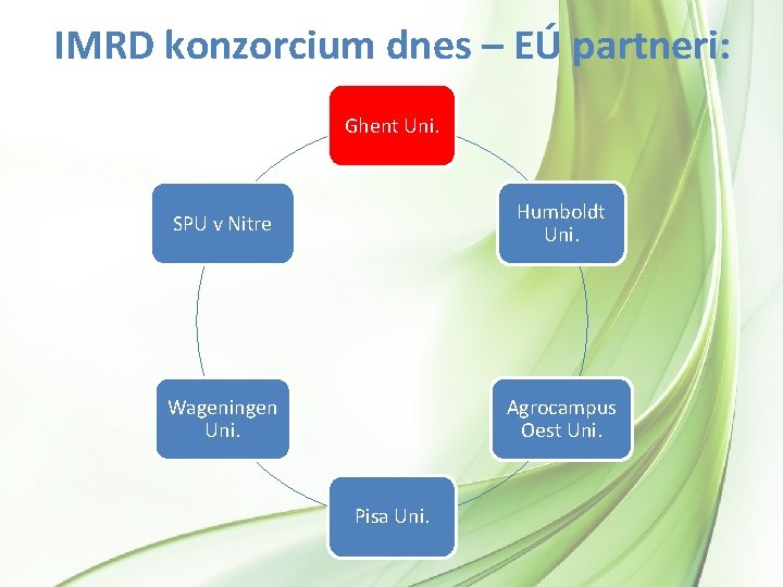 IMRD konzorcium dnes – EÚ partneri: Ghent Uni. SPU v Nitre Humboldt Uni. Wageningen IMRD konzorcium dnes – EÚ partneri: Ghent Uni. SPU v Nitre Humboldt Uni. Wageningen