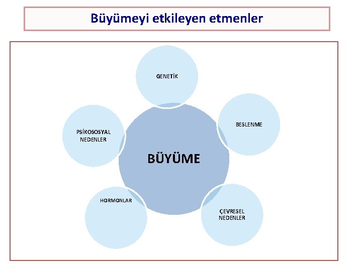 Büyümeyi etkileyen etmenler GENETİK BESLENME PSİKOSOSYAL NEDENLER BÜYÜME HORMONLAR ÇEVRESEL NEDENLER 