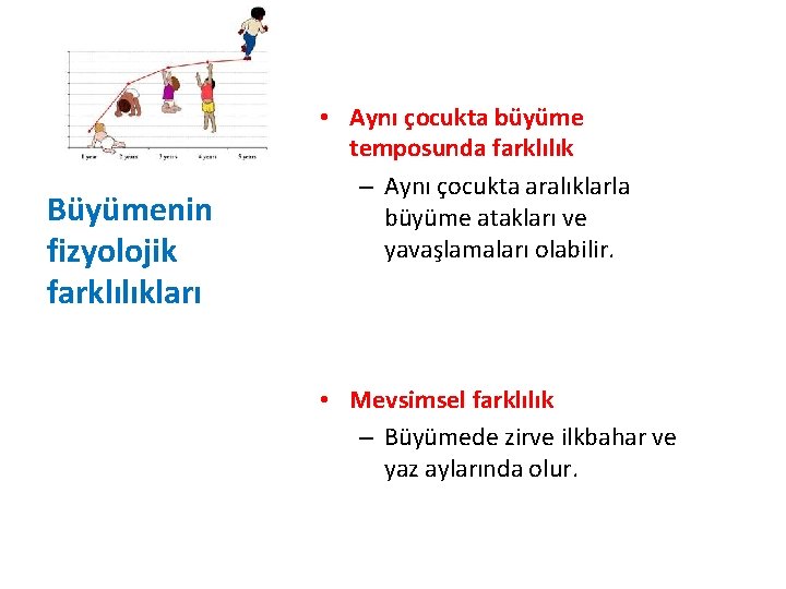 Büyümenin fizyolojik farklılıkları • Aynı çocukta büyüme temposunda farklılık – Aynı çocukta aralıklarla büyüme