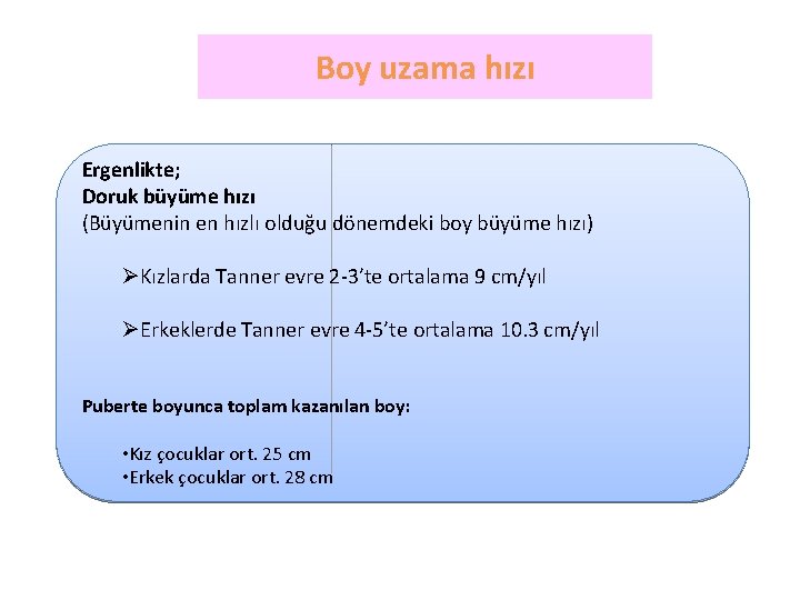 Boy uzama hızı Ergenlikte; Doruk büyüme hızı (Büyümenin en hızlı olduğu dönemdeki boy büyüme