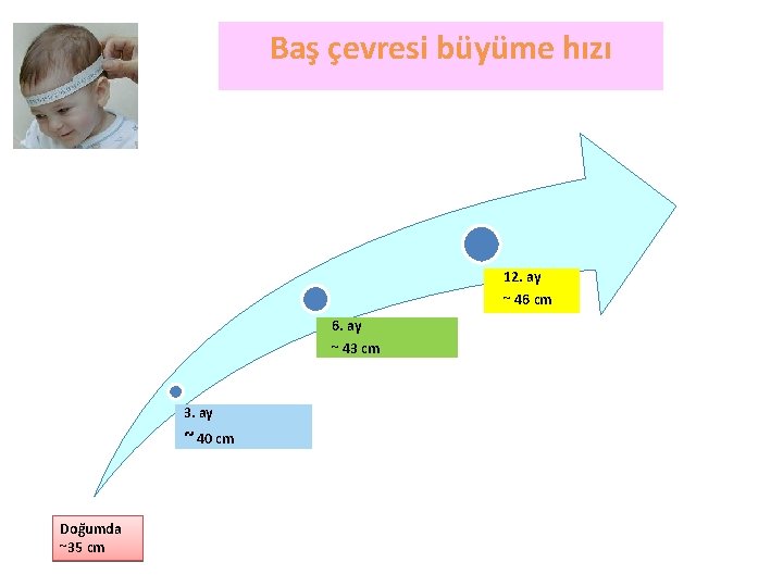 Baş çevresi büyüme hızı 12. ay ~ 46 cm 6. ay ~ 43 cm