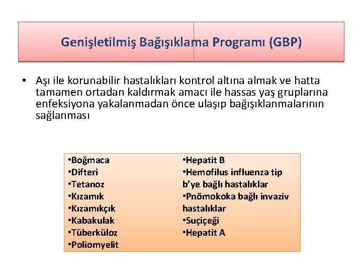 Genişletilmiş Bağışıklama Programı (GBP) • Aşı ile korunabilir hastalıkları kontrol altına almak ve hatta